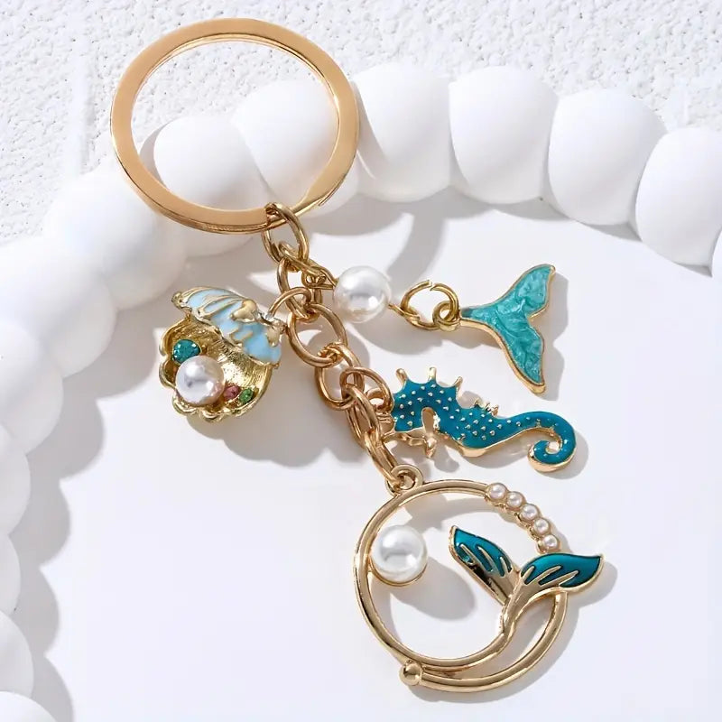 Seahorse + Whale Tails + Oyster Metal Keychain