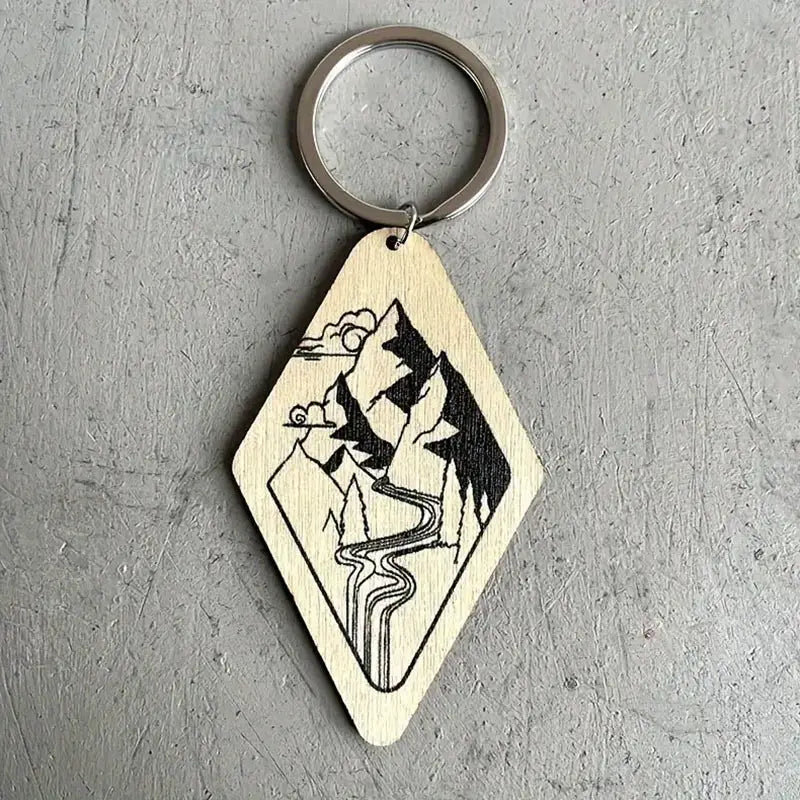 Mountain River Scene Wood Keychain