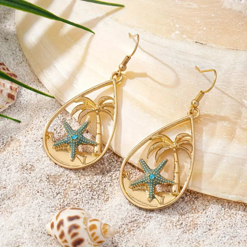 Starfish Pam Tree Scene Gold Earrings