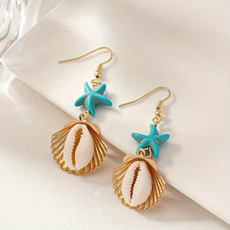 Seashell + Golden Shell + Turquoise Starfish Earrings