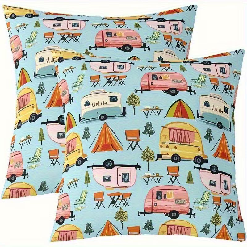Cute RV Camping Scene Pillow