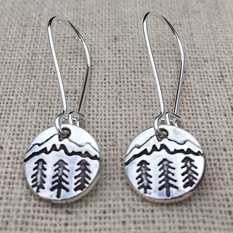 Mountain + Pine Trees Circle Metal Earrings