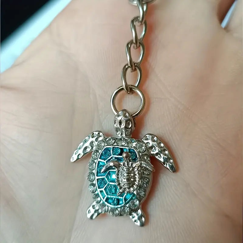 Turtle on Turtle's Back Silvery Turquoise Metal Keychain