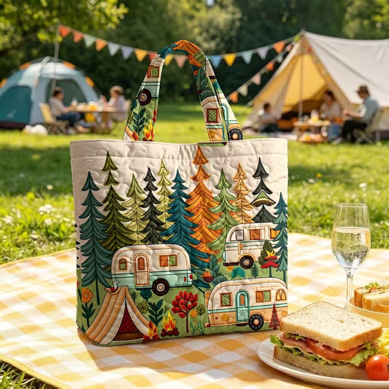 Campers in the Woods Scene Quilted Tote Bag