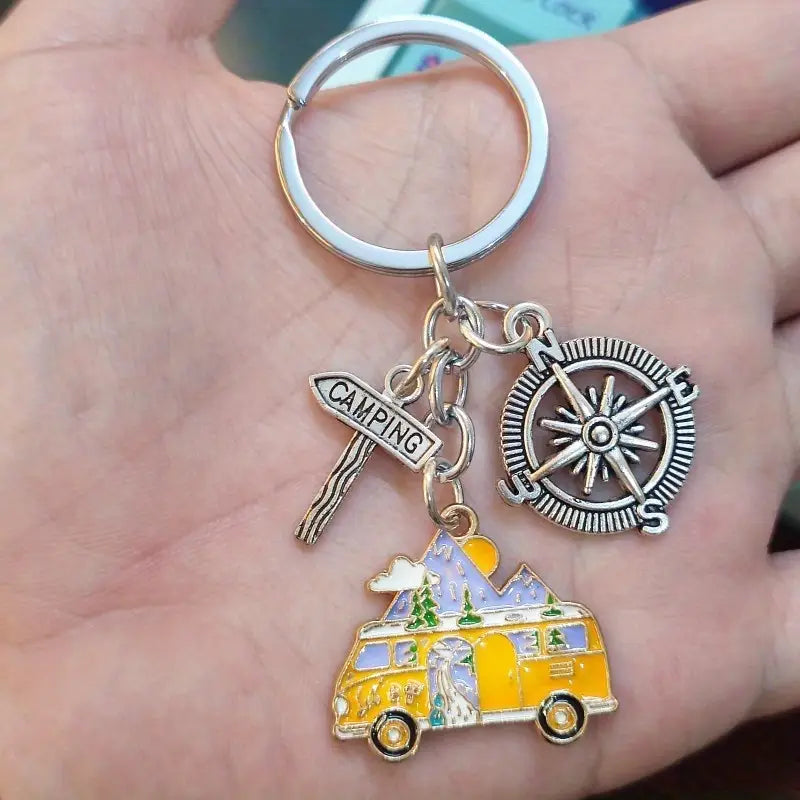 Volkswagen Bus + Compass Metal Keychain