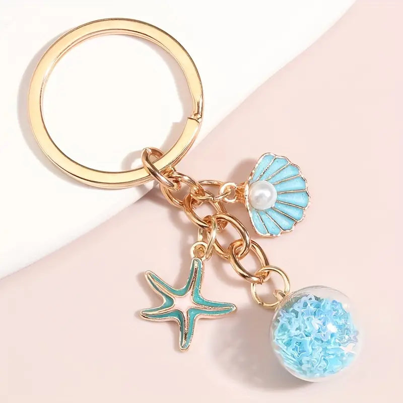 Starfish + Seashells + Turquoise Ball Metal Keychain