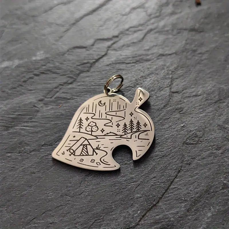 Camping Scene Leaf Keychain