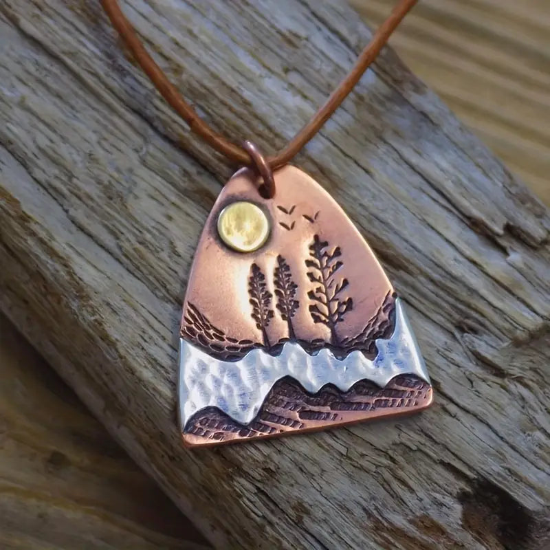 Copper Trees + Moon + Birds Necklace