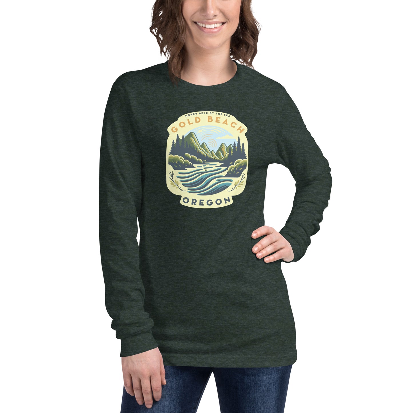 Honey Bear by the Sea Gold Beach, OR River Scene Unisex Long Sleeve Tee