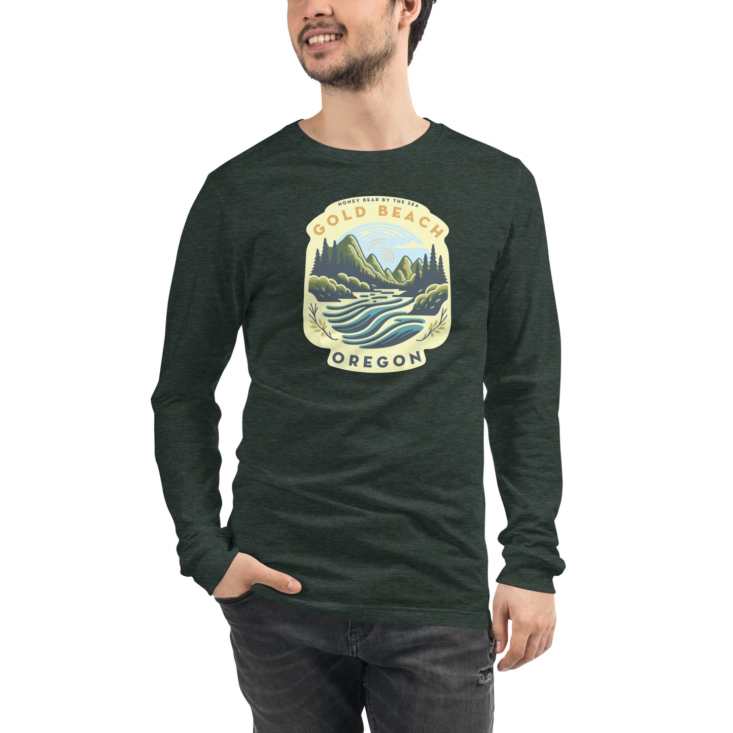 Honey Bear by the Sea Gold Beach, OR River Scene Unisex Long Sleeve Tee