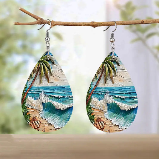 Tropical Beach Scene Faux Leather Earrings