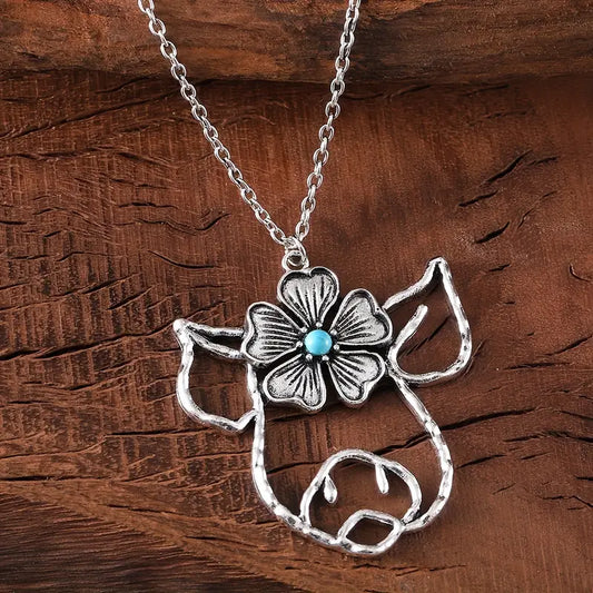 Pig + Flower Turquoise Sterling Silver Necklace
