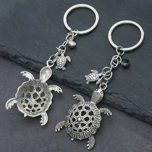 Turtle + Baby Turtle + Emerald Silvery Metal Keychain