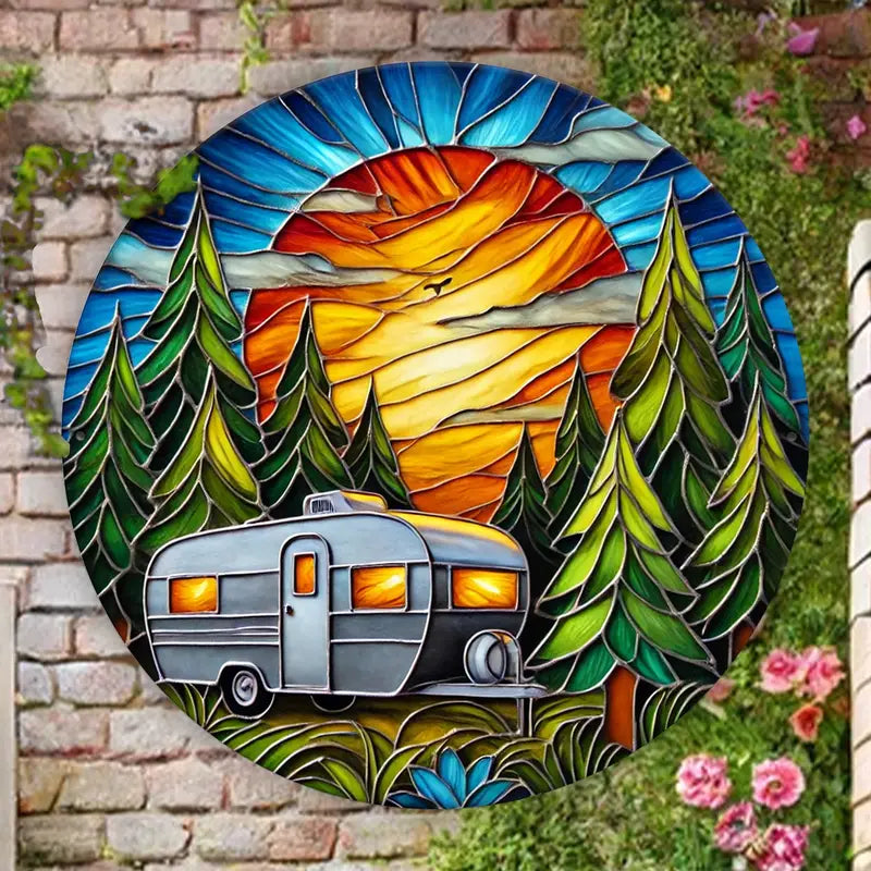 Camper in the Woods Faux Stained Glass Metal Sign