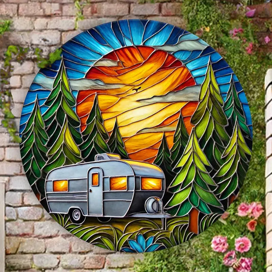 Camper in the Woods Faux Stained Glass Metal Sign