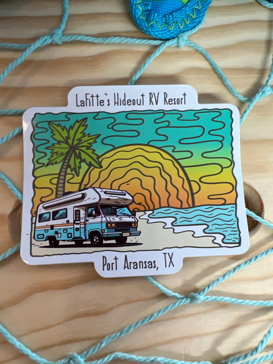 RV On the Beach Scene - LaFitte's Hideout - Port Aransas, TX Sticker