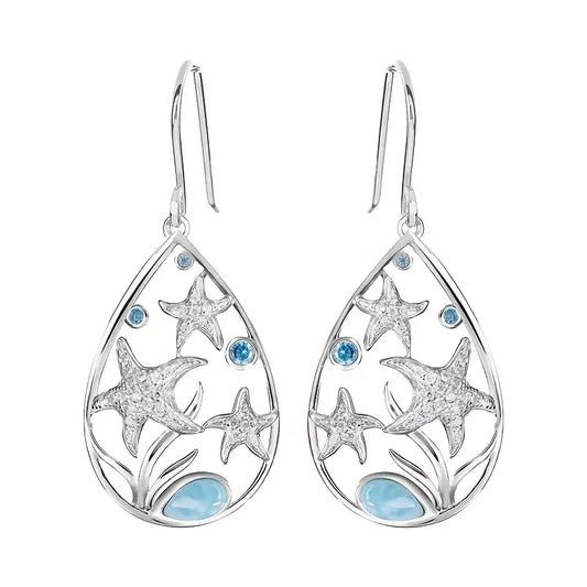Floating Starfish Silvery Teardrop Earrings