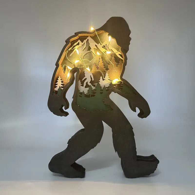 Sasquatch Wooden Figure with Inlaid Mountain Scene