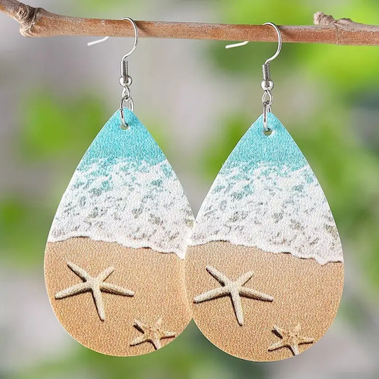 Starfish Beach Scene Faux Leather Earrings