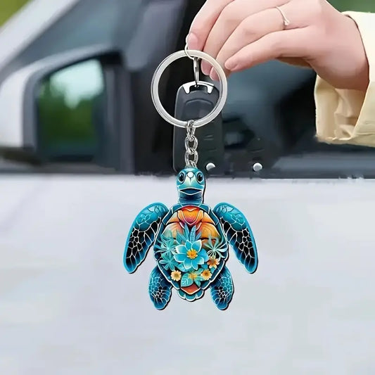 Turtle Floral Design Acrylic Keychain