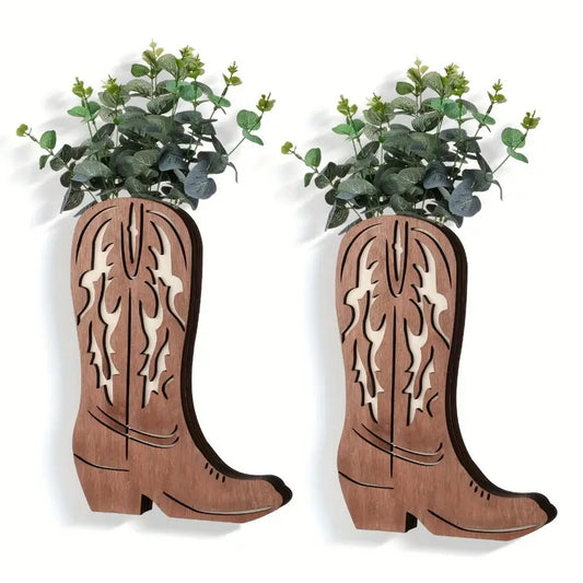 Wooden Cowboy Boot Flower Holder Decor