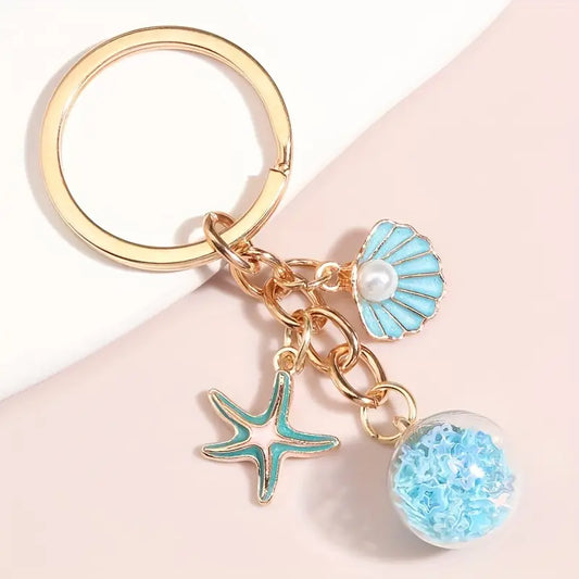 Starfish + Seashells + Turquoise Ball Metal Keychain